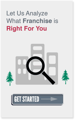 Franchise consulting analysis with magnifying glass over building representing franchise options and getting started.