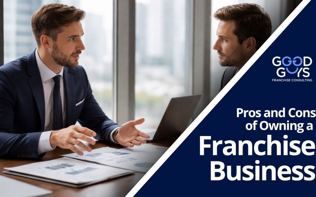 Business professionals discussing pros and cons of franchise ownership with Good Guys Franchise Consulting.