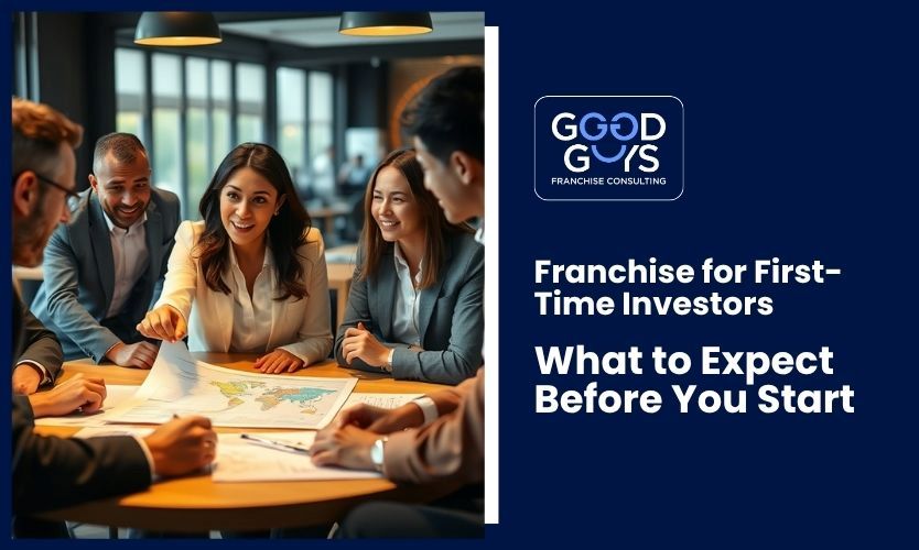 Diverse team collaborating around table discussing franchise opportunities for first-time investors.