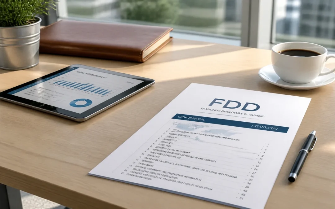 Franchise disclosure document and tablet displaying financial data for franchise investment analysis.