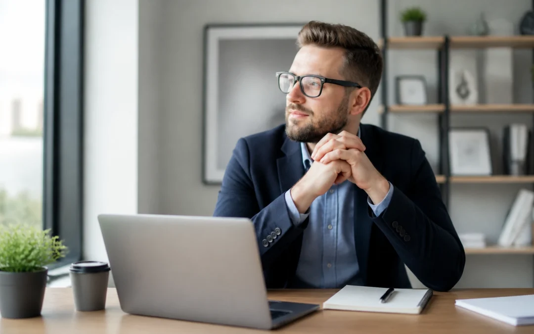 Man in business suit considering franchise opportunities and business ownership.