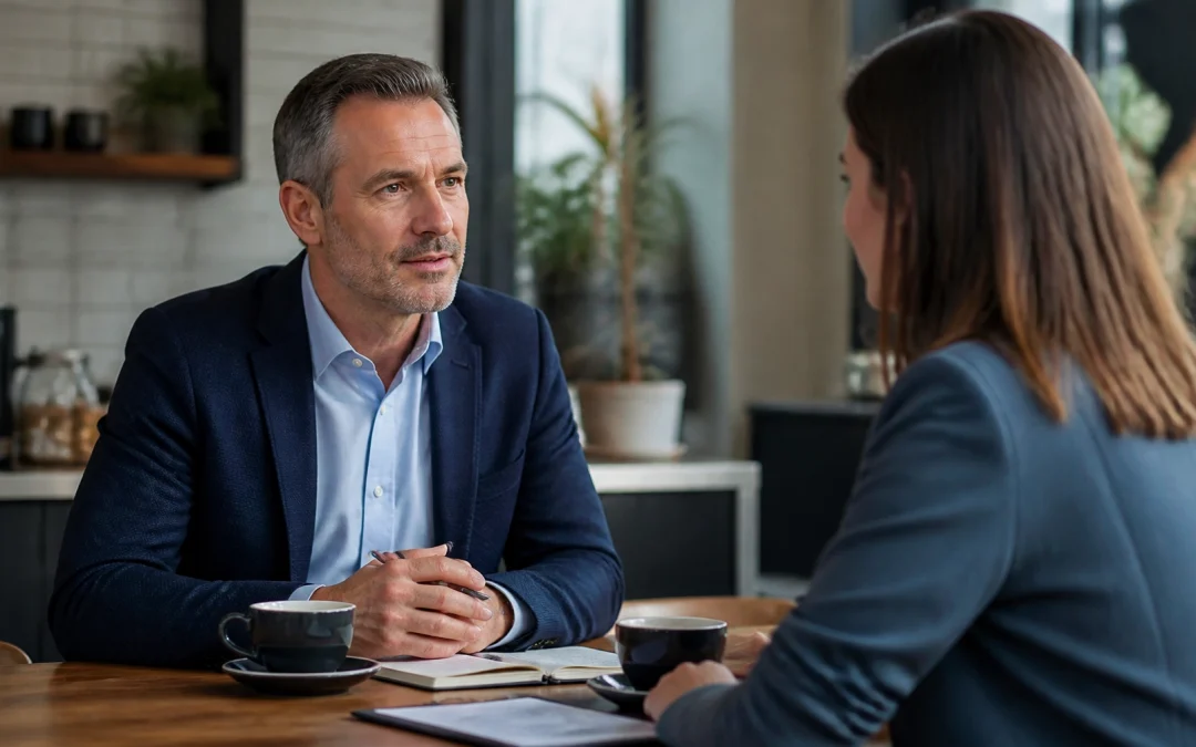 Man and woman discussing franchise investment options and business ownership.