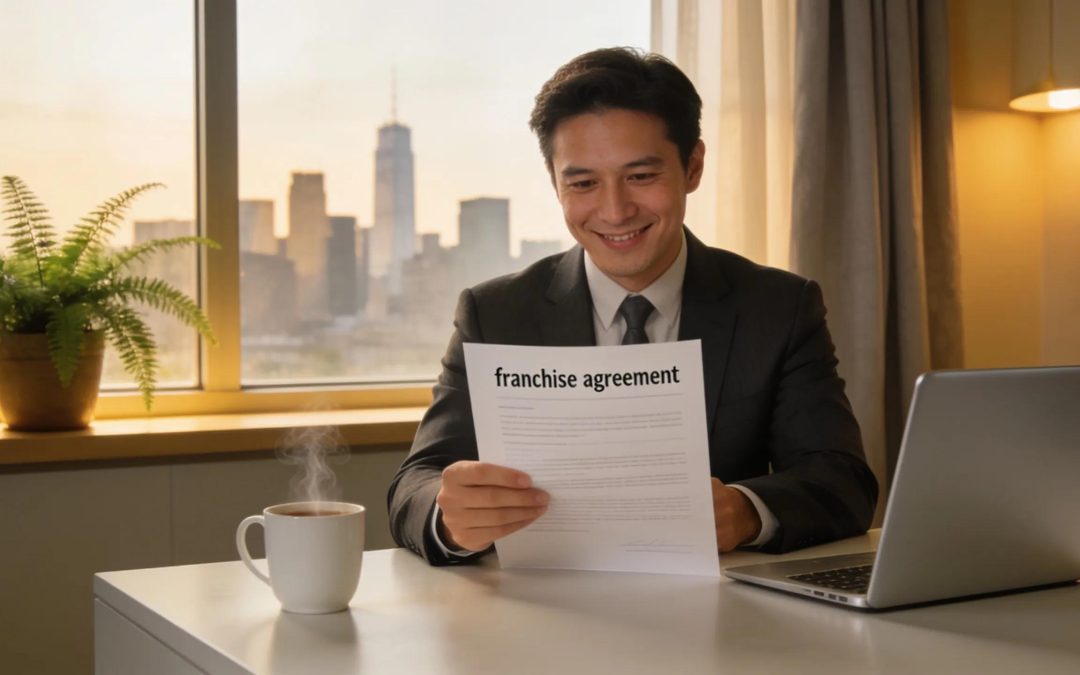 Man reviewing franchise agreement with laptop and coffee, illustrating informed franchise decisions.