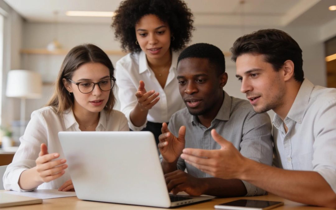 Diverse group of entrepreneurs consulting on laptop for franchise opportunities in Texas.