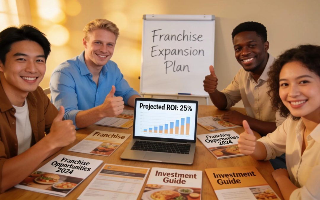 Diverse team reviewing franchise expansion opportunities and projected ROI with laptop and investment guides.