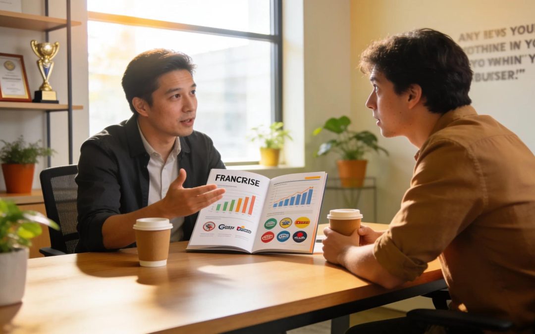 Franchise advisor consulting with potential business owner, reviewing franchise opportunities and financial charts.
