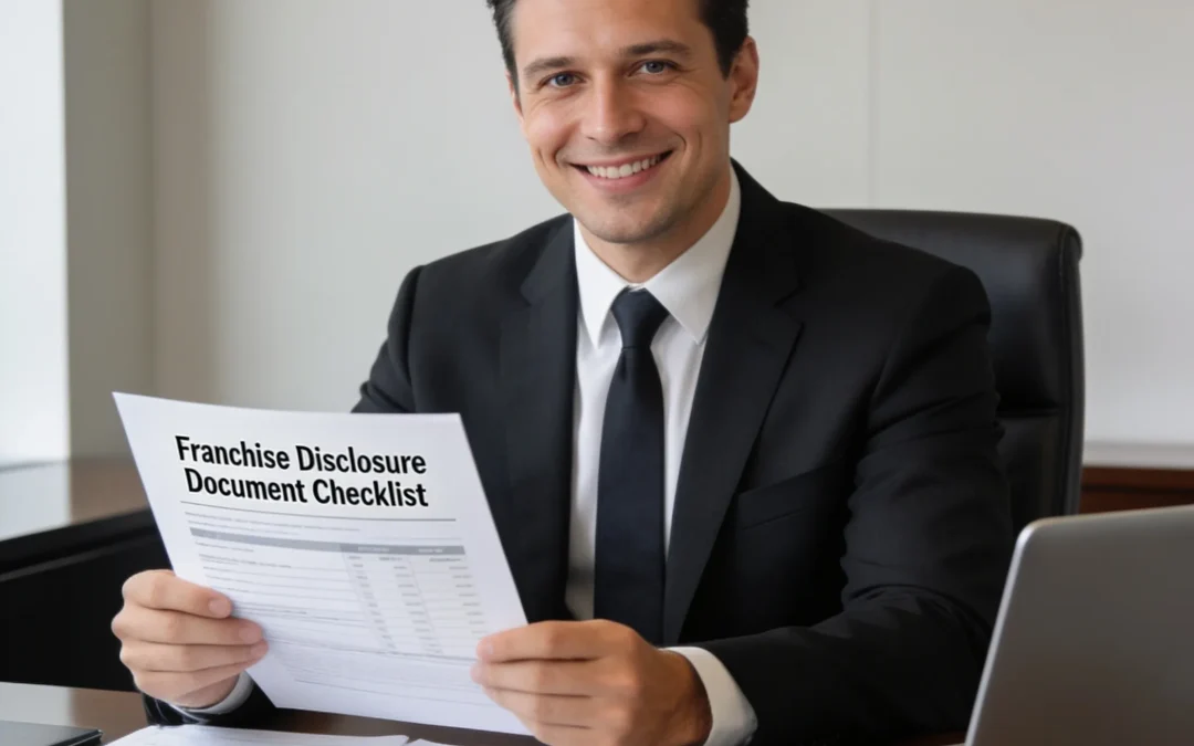 Man in suit holding Franchise Disclosure Document checklist, franchise due diligence guidance.
