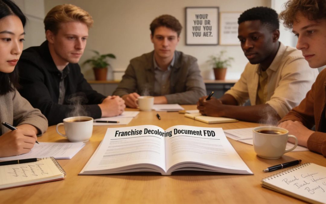 Group of professionals reviewing Franchise Disclosure Document (FDD) for franchise consulting insights.