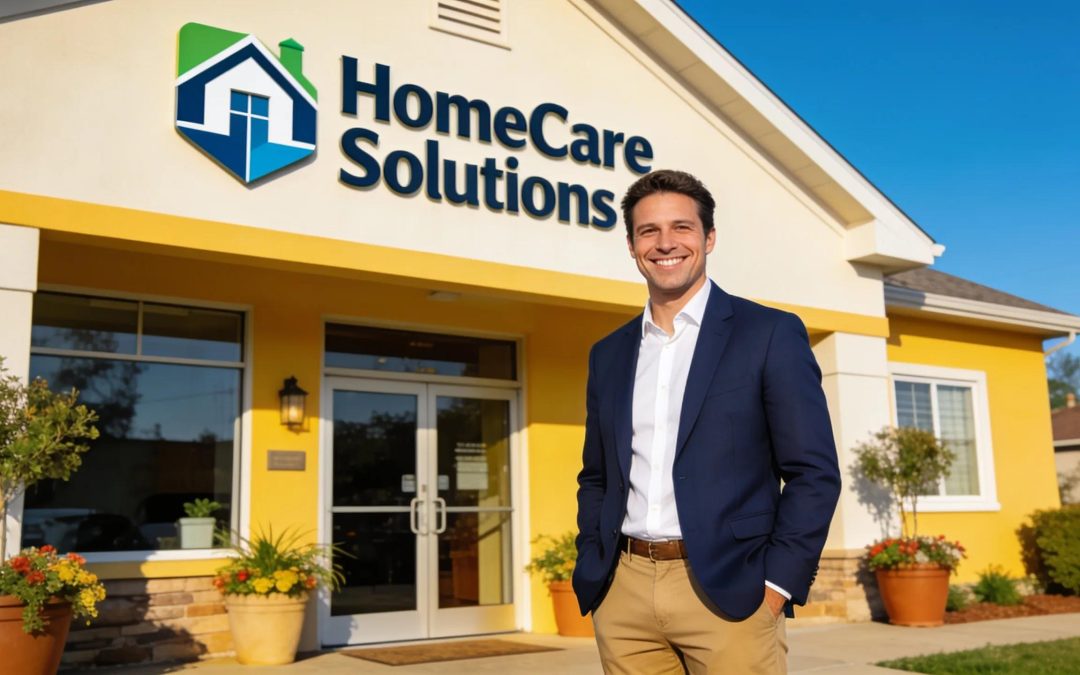 HomeCare Solutions franchise opportunity and a smiling entrepreneur in front of a building.