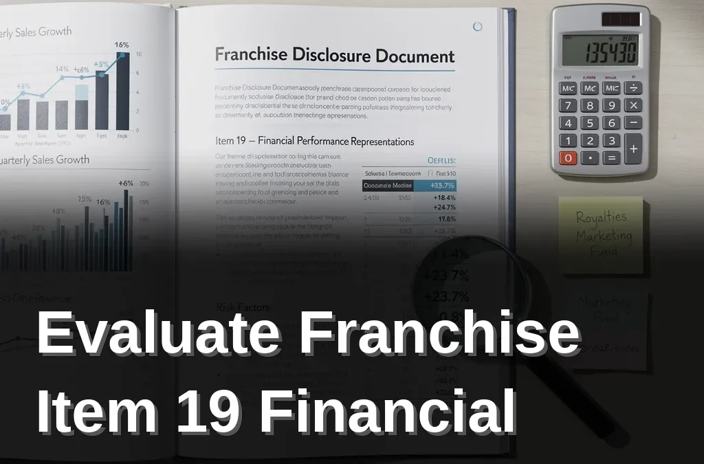 Franchise Disclosure Document Item 19 with charts, calculator, and magnifying glass for financial performance evaluation.