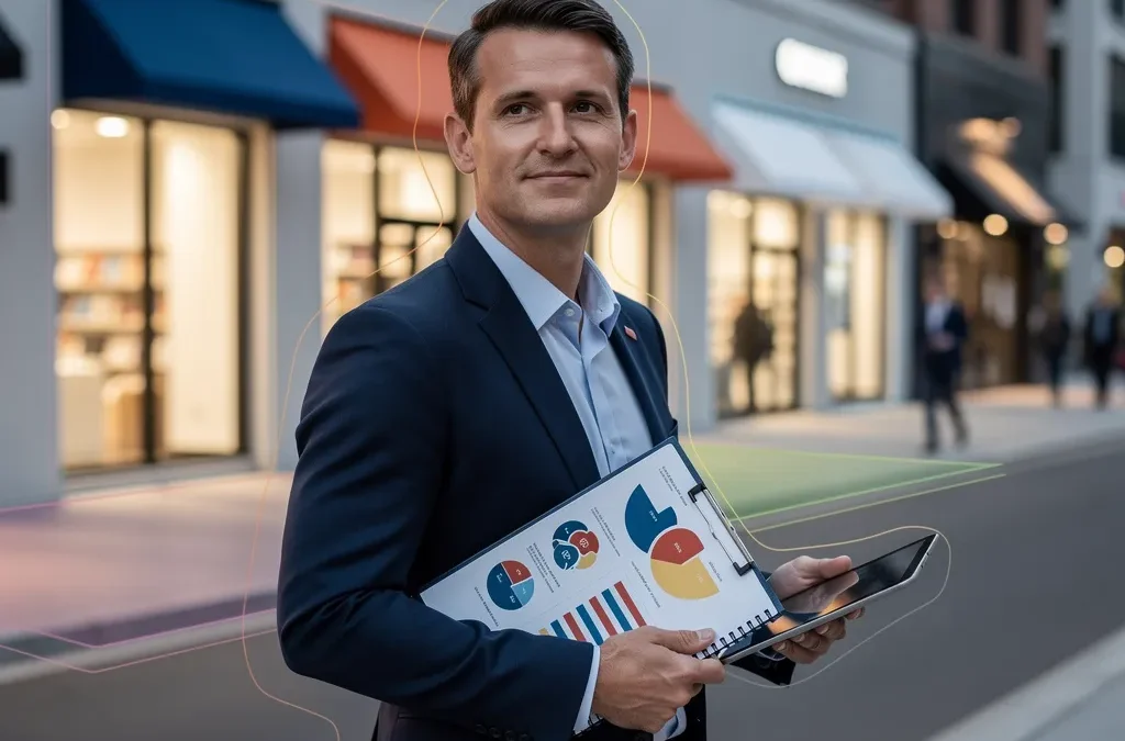 Business professional holding franchise financial data and tablet, illustrating franchise evaluation and consulting services.