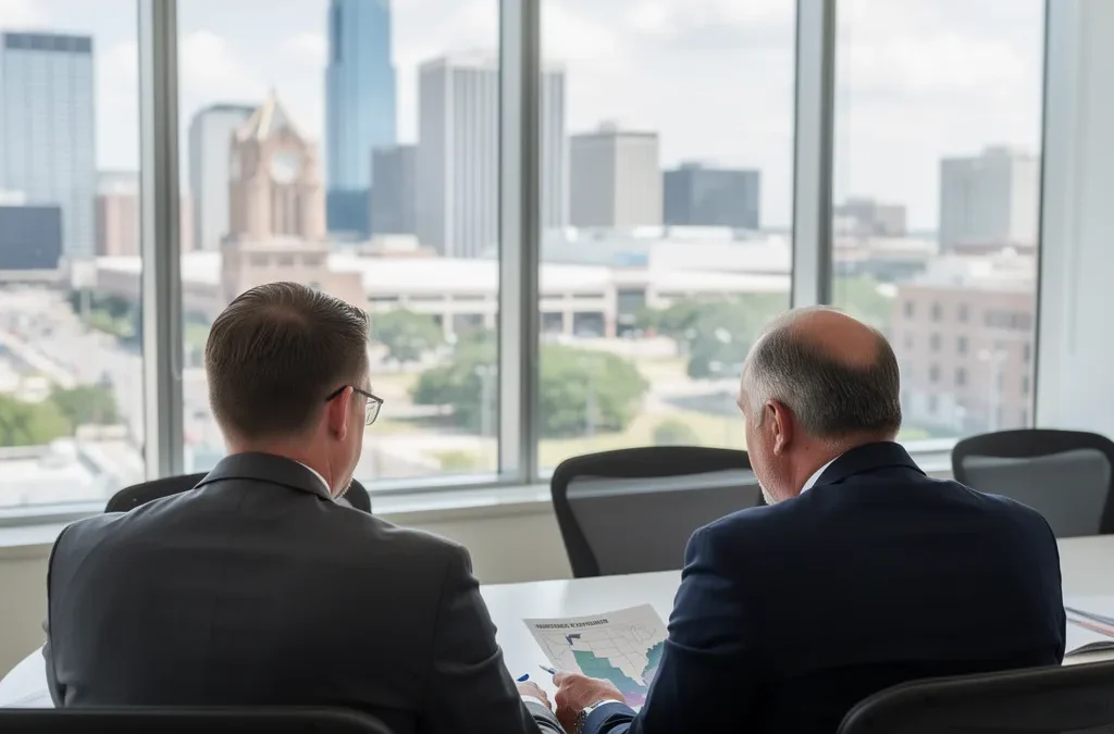 Business professionals reviewing franchise opportunities with Dallas-Fort Worth skyline view.